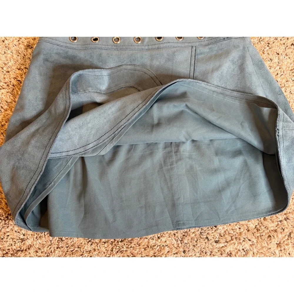 BCBGMAXAZRIA Blue Faux Suede Grommet Wrap Mini Skirt Size M